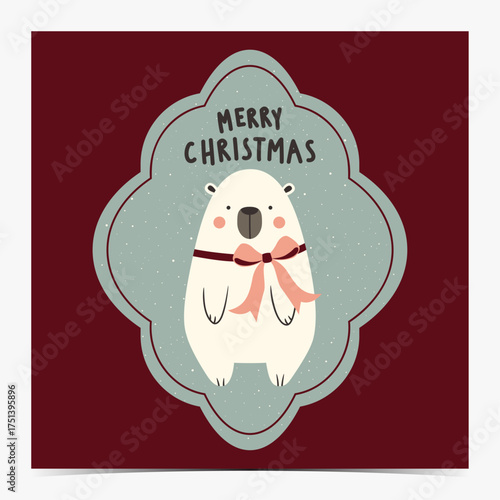 Merry Christmas - cute greeting card, postcard, invitation with an adorable white polar bear on a blue and maroon background, vector illustration
