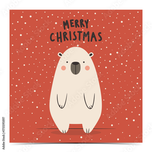 Merry Christmas - cute greeting card, postcard, invitation with a chubby white polar bear on a snowy red background, vector illustration