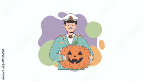 Smiling captain in uniform holding a jackolantern for a festive Halloween celebration