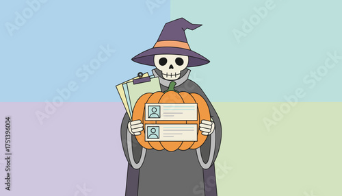 Halloween skeleton with user profiles on pumpkin holding a clipboard Seasonal hiring concept