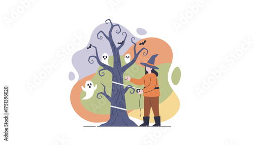Witch measuring a spooky tree adorned with ghosts and bats for Halloween preparations