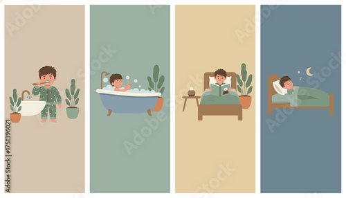 Boys evening routine brushing teeth bathing reading and sleeping Childhood lifestyle and daily habits
