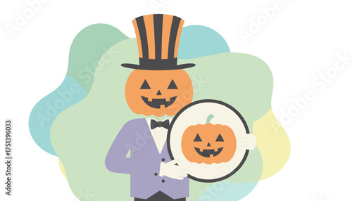 Friendly pumpkin character in a top hat holding a Halloween pumpkin graphic Festive autumn fun