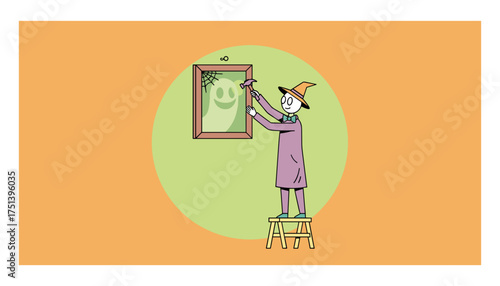 Preparing for Halloween character hanging a ghost picture Holiday decoration and celebration