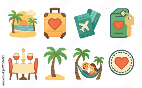Romantic vacation icon set with tropical theme and heart motifs