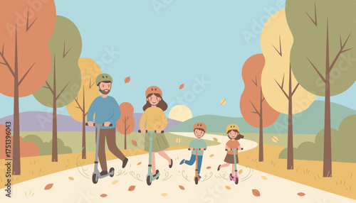 Cheerful family enjoying a scooter ride in an autumn park Active lifestyle childhood joy