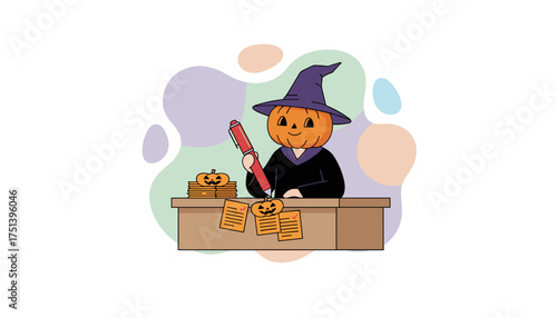 Halloween pumpkin character diligently working on festive tasks and lists at a desk