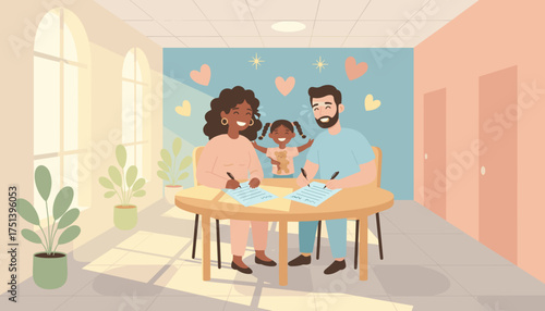 Joyful diverse family signing documents celebrating new beginnings and a loving home life