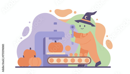 Cute character in witch hat processes pumpkins on a factory line Halloween production fun