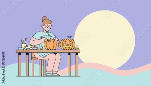 Person carving Halloween pumpkins on a table with art supplies Creative autumn holiday activity