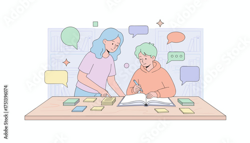 Teacher helps student with homework promoting education and knowledge in a study environment