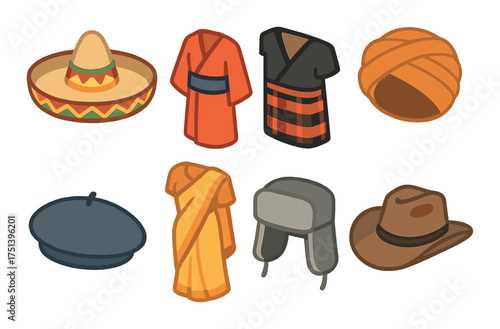 Illustration of traditional hats and attire from various cultures