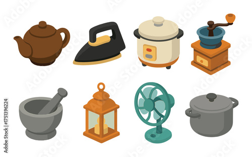 Vintage kitchen and home appliances collection with teapot, iron, cooker, grinder
