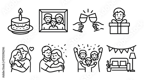 Family celebrations: cake, gifts, and togetherness in iconic outlines