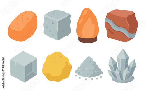 Illustrated colorful minerals and crystals collection on gray background
