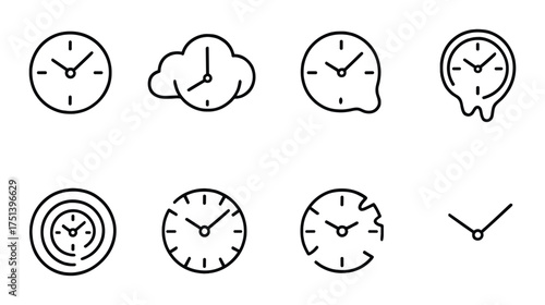 Minimalist clock icons on dark background with various styles and shapes