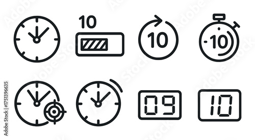 Set of eight time and countdown icons with clocks and timers on black background