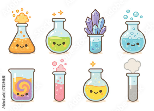 Cute kawaii chemistry: smiling lab flasks and colorful reactions art