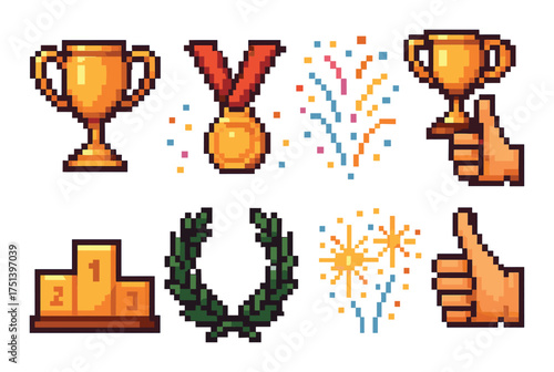 Pixel art trophy icons featuring cup, medal, fireworks, thumbs up, and laurel wreath