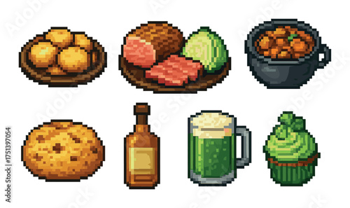 Pixel art feast: dishes and drinks featuring bread, meat, soup, beer, whiskey, cupcake