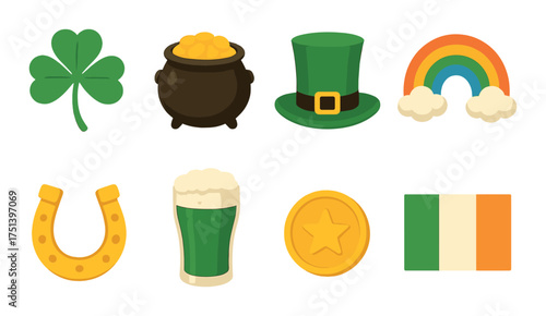 St. patrick's day icon set: clover, pot of gold, leprechaun hat, and more