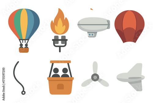 Colorful hot air balloon and aviation icon set with various airship illustrations
