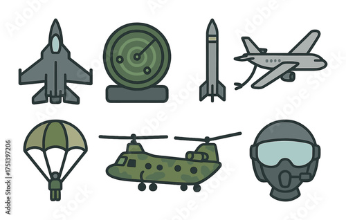 Military equipment icons featuring airplane, helicopter, and radar with parachutist