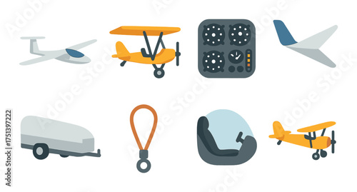 Set of various iconic airplane and aviation equipment illustrations