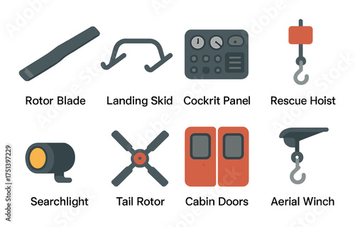 Helicopter components: rotor blade, rescue hoist, tail rotor, cockpit panel, cabin doors