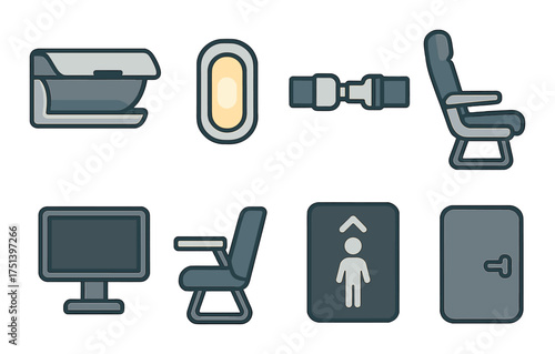 Airplane travel icons collection featuring seats, window, tray table, and seatbelt