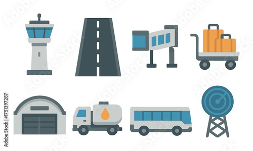 Airport transportation icons: control tower, luggage cart, bus, runway, fuel truck, radar