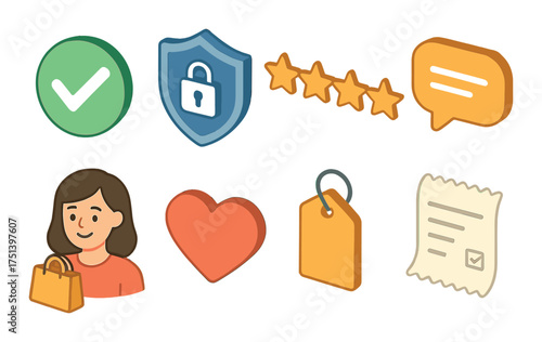 Shopping concepts: security, reviews, profile, heart, tag and receipt icons in soft glow