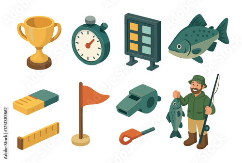 Fisherman trophy gear: timer, fish, equipment, whistle, flag