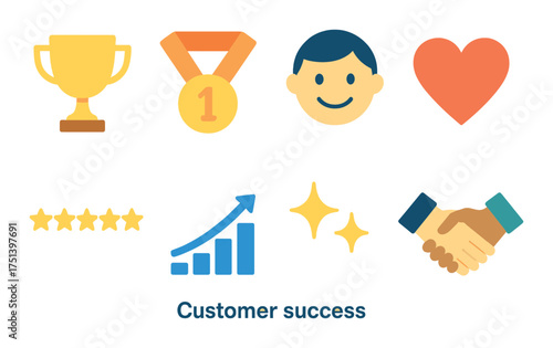Customer success icons: trophy, medal, smiley, heart, stars, graph, handshake