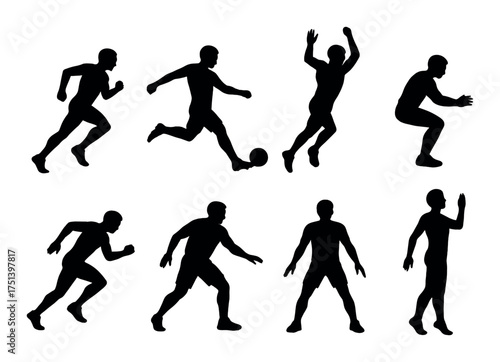 Silhouettes of male athletes performing various sports actions on dark background