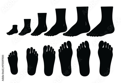 Silhouettes of feet in various sizes on gradient background