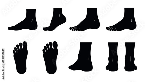 Silhouette of human feet in various positions on neutral background