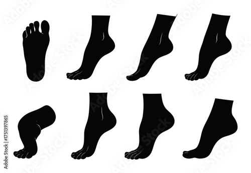 Silhouette illustrations of foot and ankle poses on gradient background
