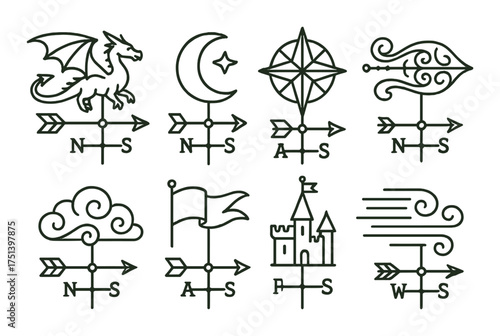 Compass rose and weathervane symbols: dragon, crescent, cardinal directions