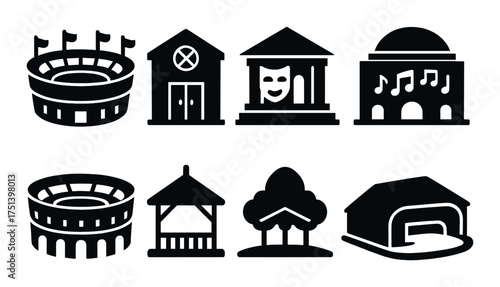 Silhouette icons: stadium, house, theater, music hall, coliseum, gazebo, tree, barn