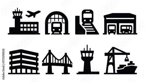 Silhouettes of transportation infrastructure icons on dark background