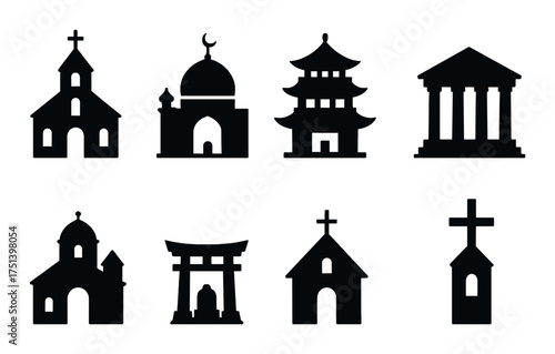 Silhouette icons of religious buildings on dark background