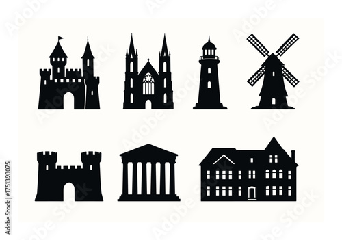 Silhouette designs of castles, cathedral, lighthouse, windmill, fortress, roman temple, historic house