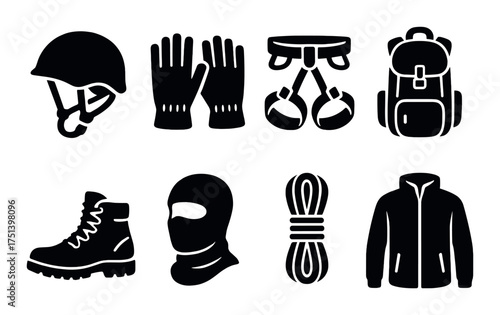 Essential climbing gear silhouettes featuring helmet, gloves, harness, backpack, boots, balaclava, rope, and jacket