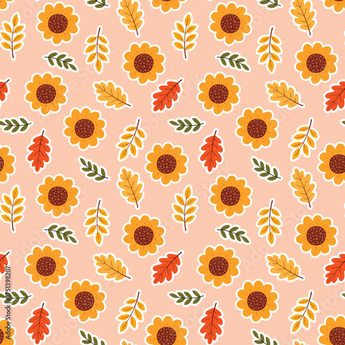 seamless pattern cute cartoon sunflower with autumn falls element drawing for background and wallpaper