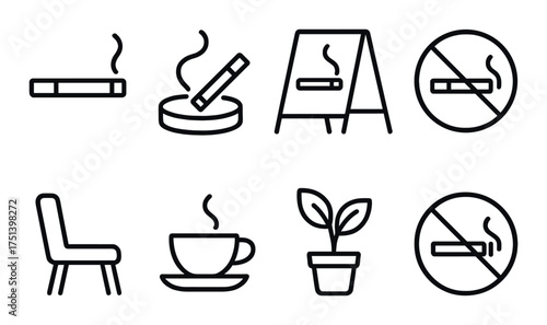 Smoke icons set featuring smoking, non-smoking signs, and various objects in minimalist black design