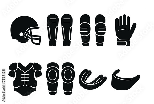Silhouettes of american football gear: helmet, shoulder pads, and more