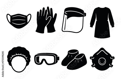 Essential protective equipment silhouettes: masks, gloves, gown, shield, goggles, coverings