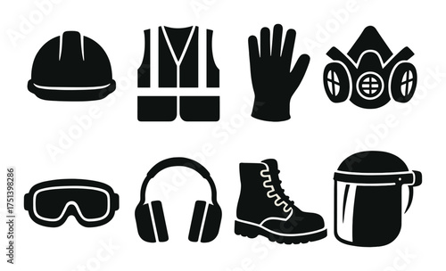 Essential safety gear icons: helmet, vest, gloves, mask, goggles, earmuffs, boots, visor
