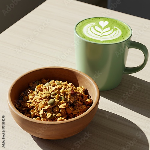 A healthy breakfast of a matcha latte with foam art and a wooden bowl of granola on a sunlit table.